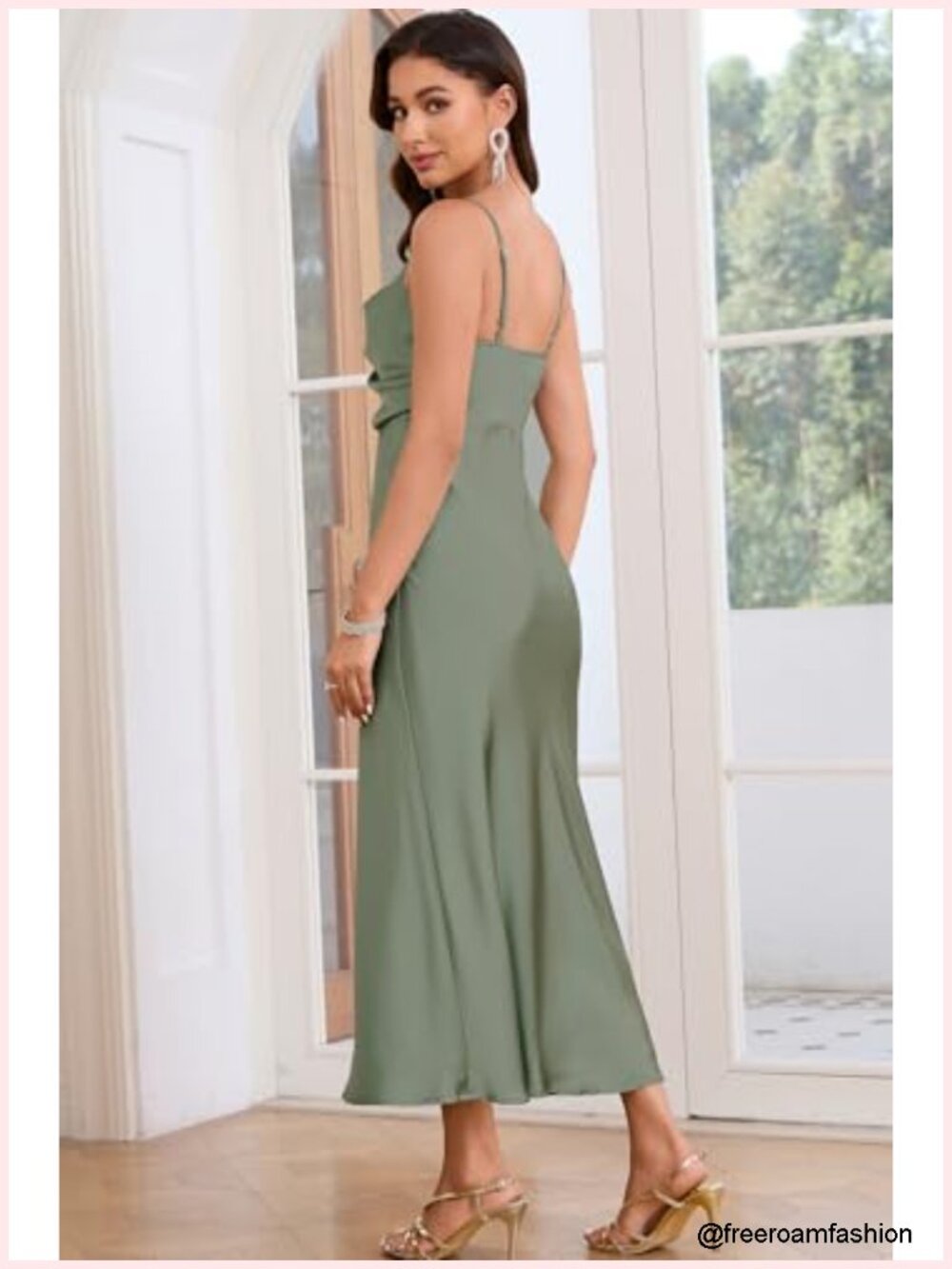 Satin Cowl Neck Spaghetti Strap Maxi Dress Bodycon Wedding Guest Cocktail Party - Picture 3 of 6